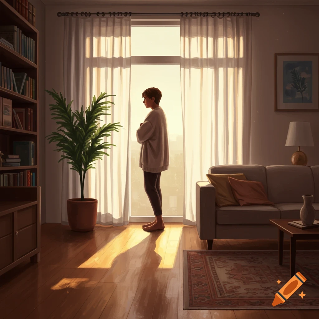 A person with short hair stands barefoot in a sunlit room, looking out a window. A bookshelf, plant, and couch are visible. Stylized art.