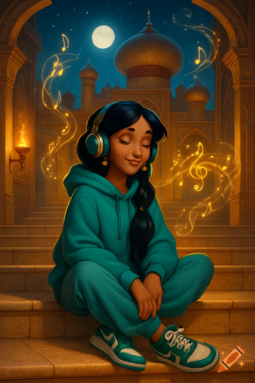 A cartoon Princess Jasmine in modern streetwear sits on palace stairs, eyes closed, listening to music through headphones with glowing notes swirling around her.