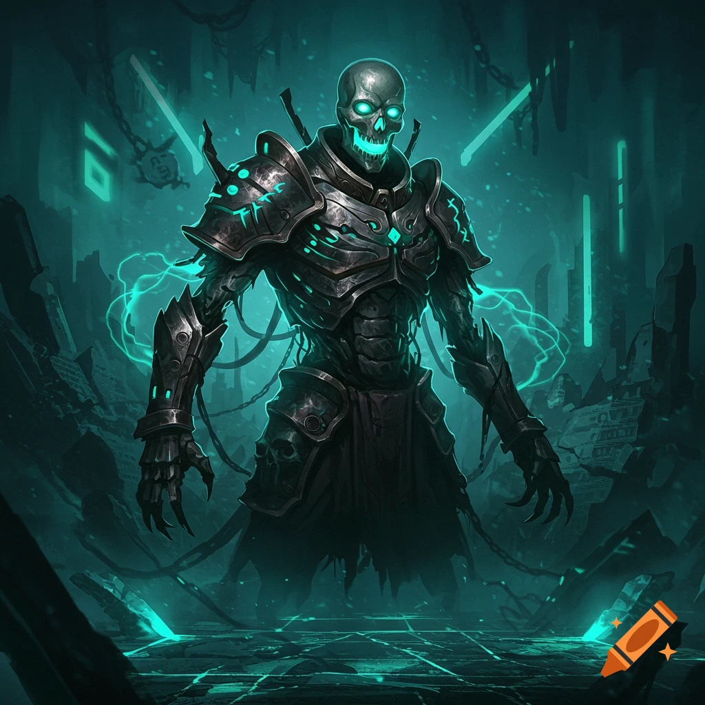 A skeletal warrior in detailed, dark armor with glowing cyan eyes and mouth stands in a ruined, dark fantasy landscape with neon accents, including a glowing '10' in the background.