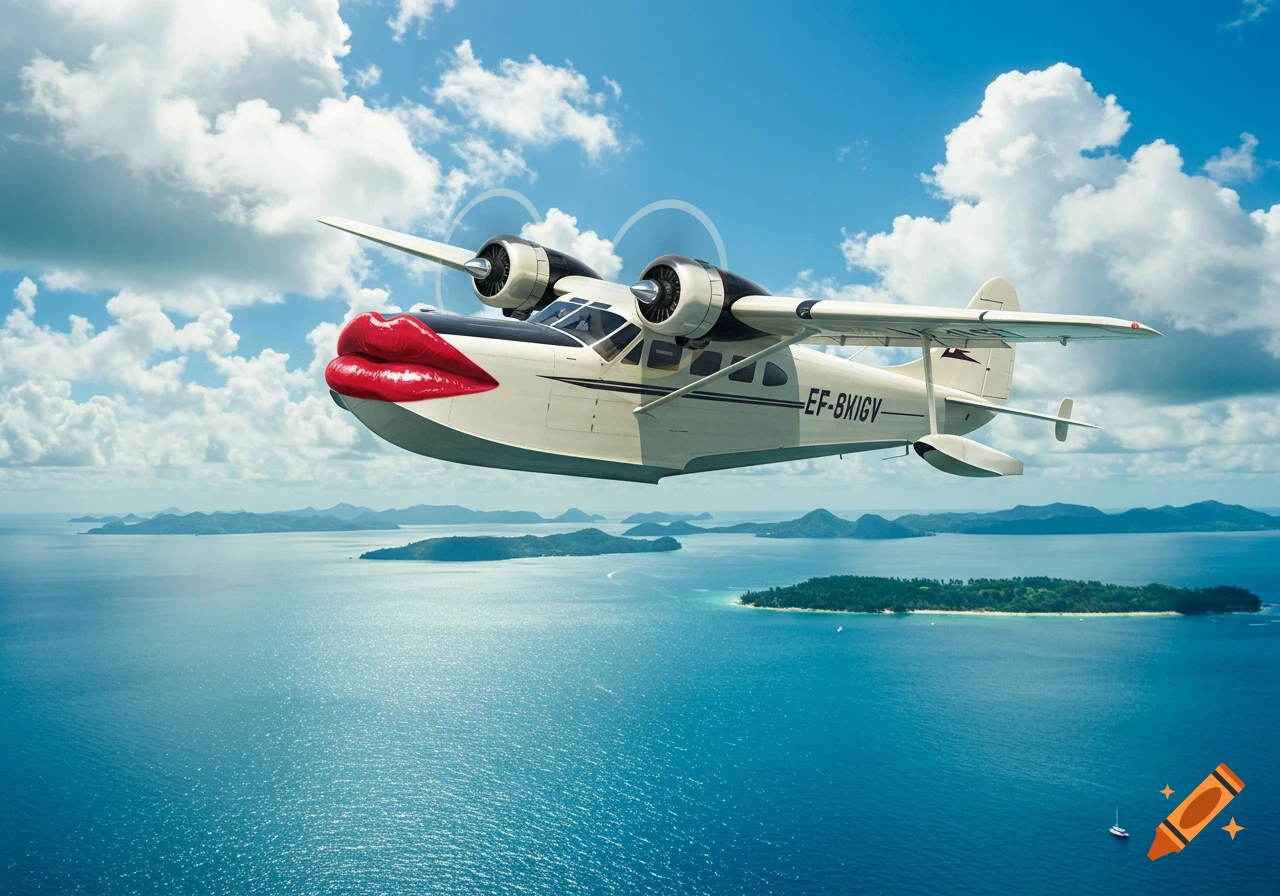 A photorealistic seaplane with bright red lips painted on its nose flies over a tropical blue ocean with islands under a cloudy sky.