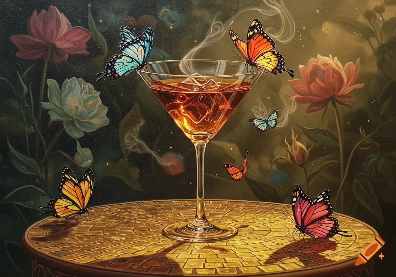 A surreal painting of a cocktail glass filled with ice, surrounded by colorful butterflies and blooming flowers on a tiled table.
