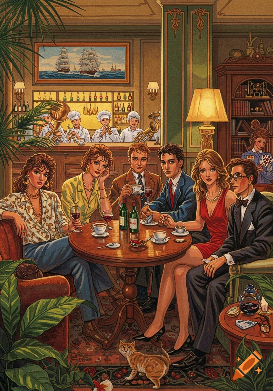 A retro 1980s-style illustration of friends in an elegant bar, drinking coffee and wine, with a jazz band playing, a cat on the floor, and a painting of sailing ships.
