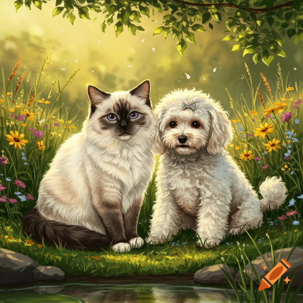 A cream Ragdoll cat and a white Poodle dog sit together in a sunlit field of colorful wildflowers by a pond.