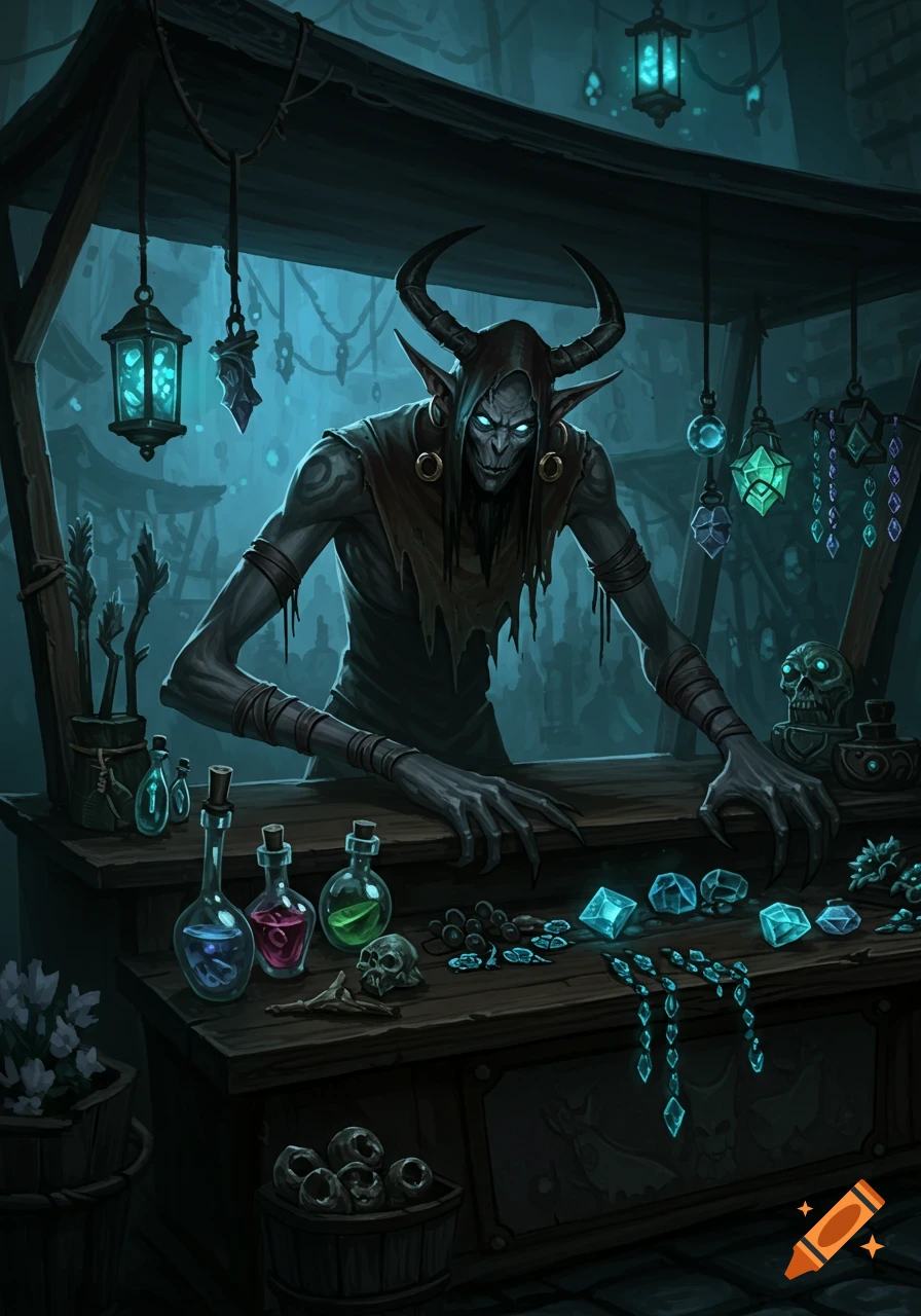 A horned monster with glowing eyes, wearing a hooded cloak, stands behind a dark fantasy market stall selling potions and glowing crystals.