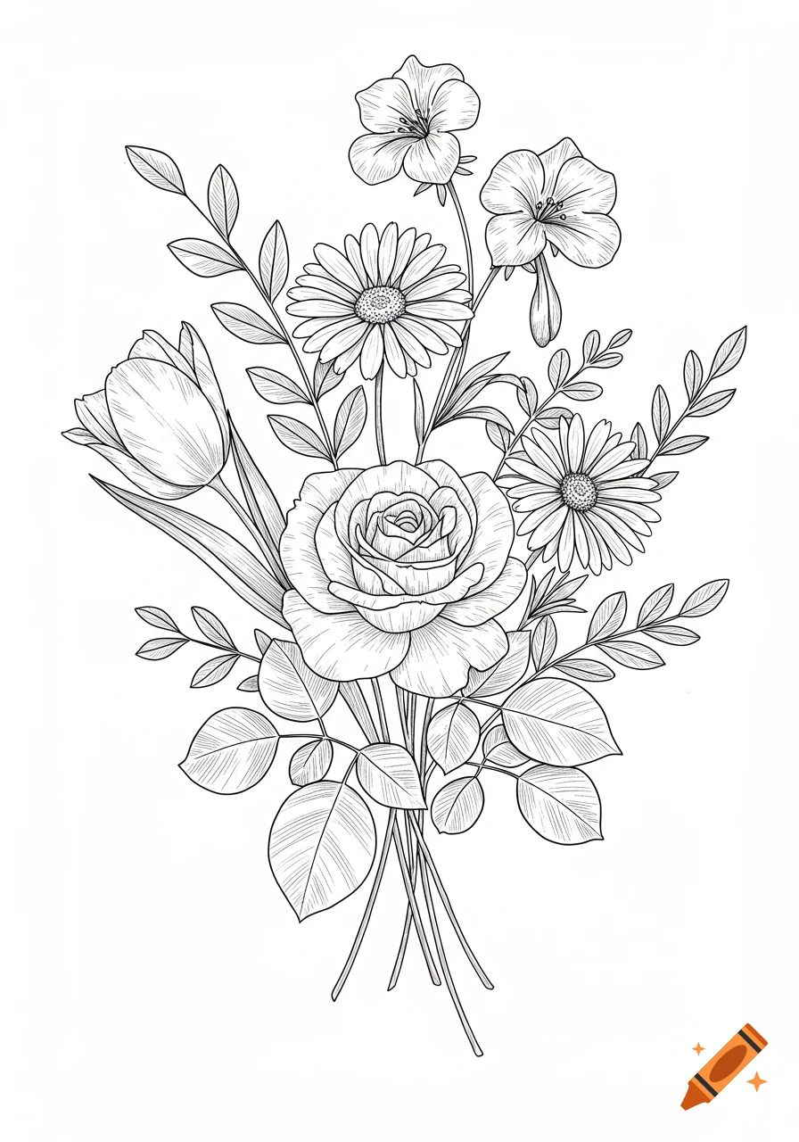 A detailed black and white fine line drawing of a floral bouquet featuring a rose, tulips, and daisies.