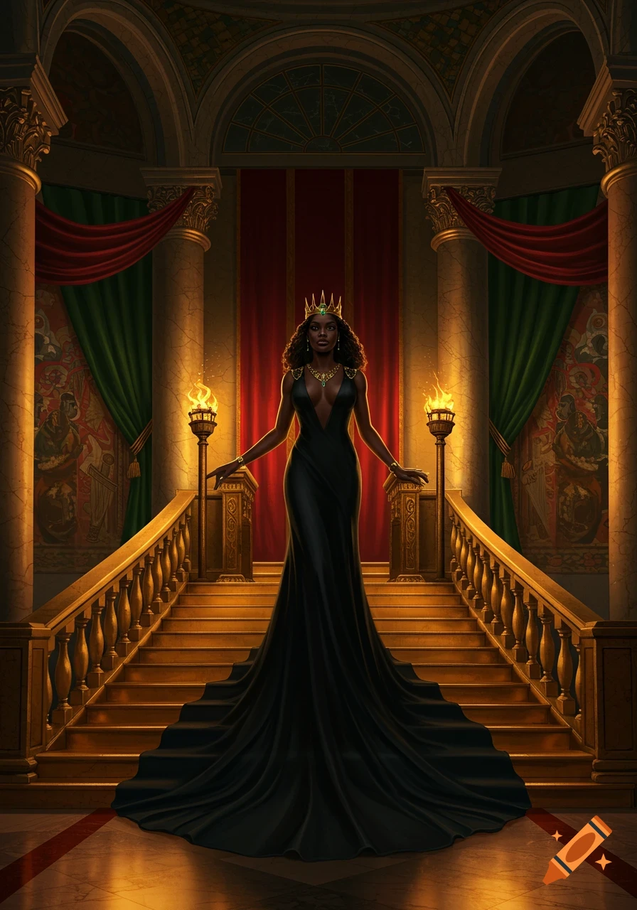 A regal black queen in a flowing black gown and crown stands at the top of a grand, torchlit palace staircase.