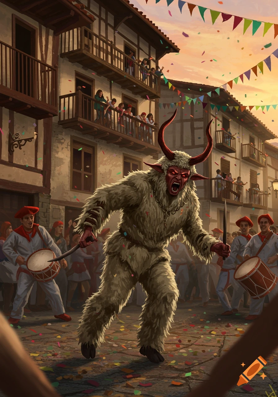 A fierce, horned Momotxorro creature in a white furry suit dances during a lively carnival in a town street with confetti.