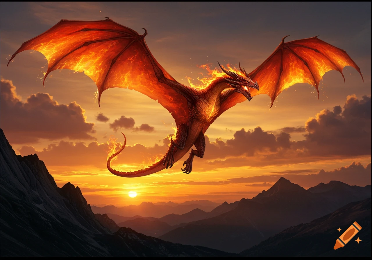 A majestic fiery dragon with large wings soars through a vibrant sunset sky over a mountain range.