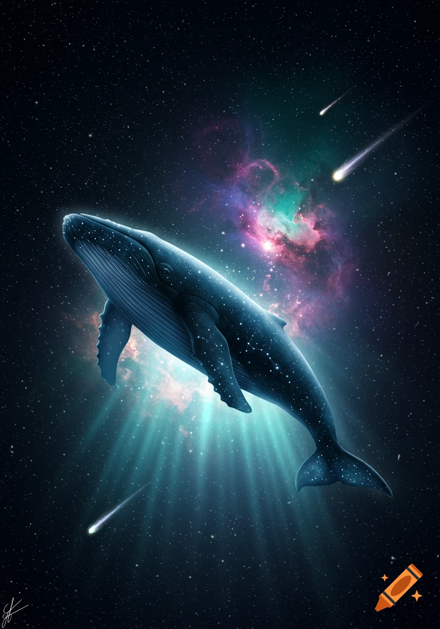 A majestic blue whale, covered in twinkling stars, floats through a vibrant cosmic nebula with distant stars and two streaking meteors.