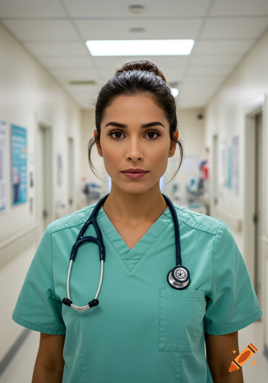 Photorealistic portrait of a woman nurse in green scrubs and a stethoscope in a hospital hallway.