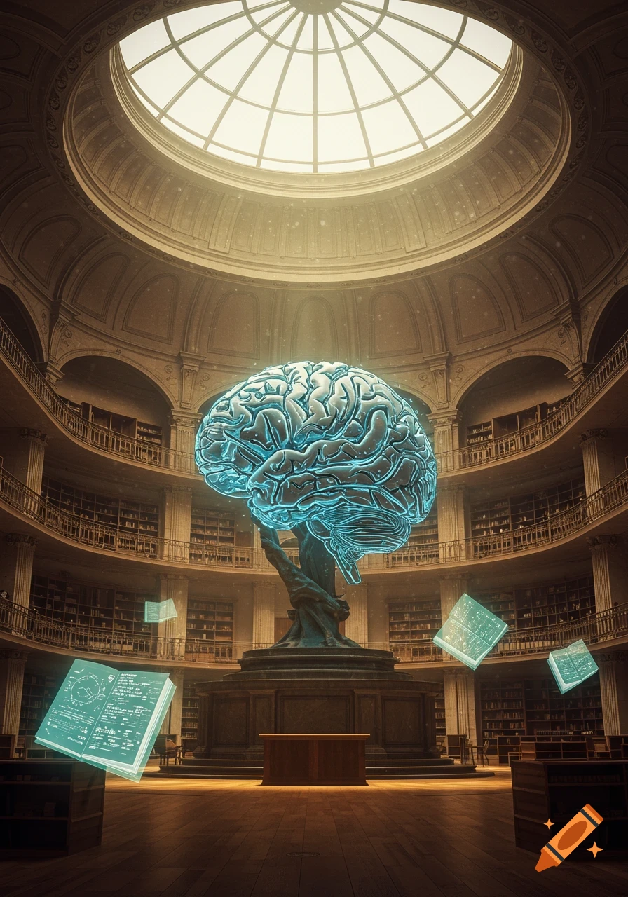 A glowing brain sculpture stands in the center of a grand, domed library, with holographic books floating around it, bathed in warm light from the skylight.