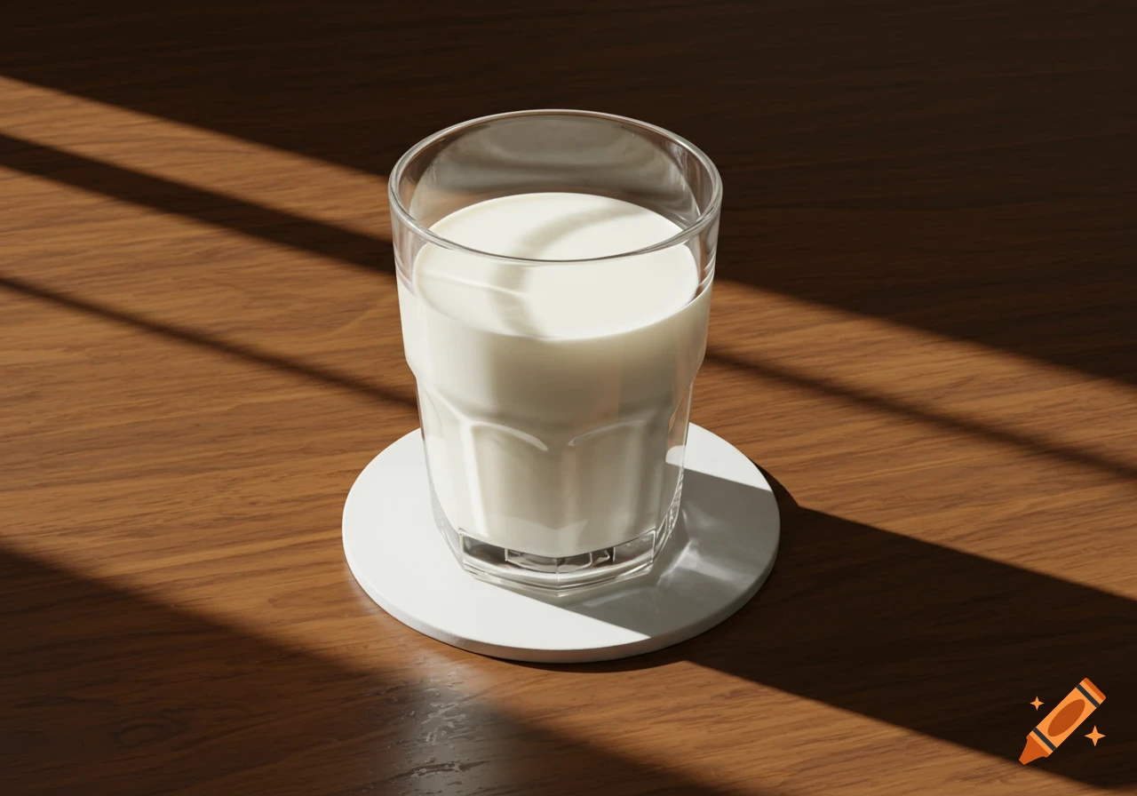 A glass of milk on a brown wooden table with a white coaster, under natural light.