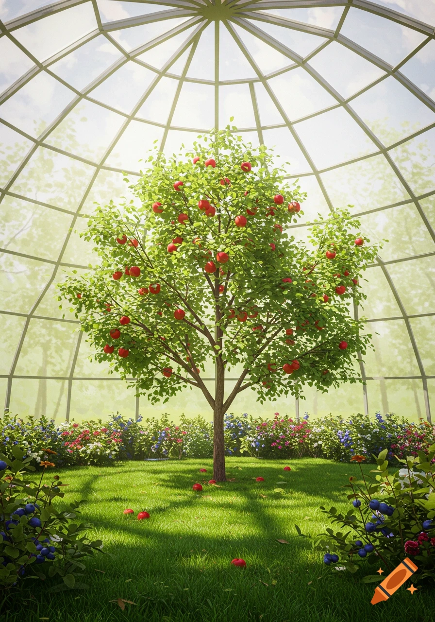 An apple tree with red apples in a lush grassy geodesic greenhouse surrounded by flowers and blueberry bushes.