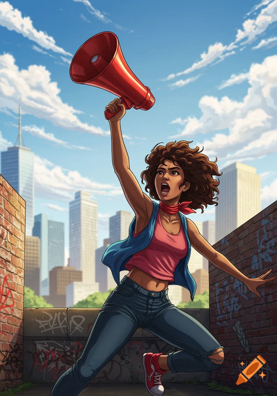 A young woman with curly brown hair, wearing a pink top, blue vest, and jeans, raises a red megaphone and shouts in an urban setting with graffiti-covered brick walls and skyscrapers under a blue sky, in a comic book style.