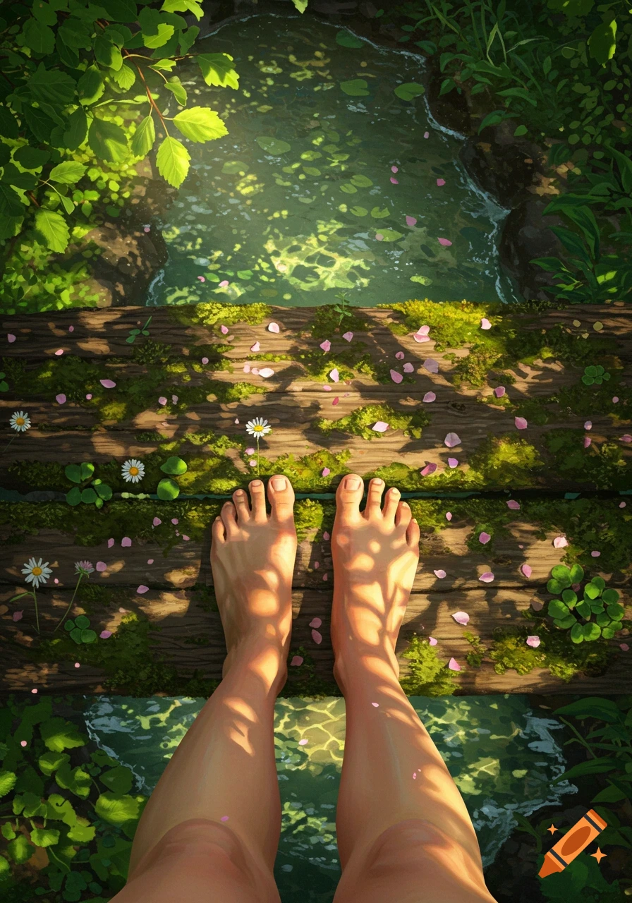 Bare legs and feet on a mossy wooden plank over clear water, surrounded by green foliage with dappled sunlight.