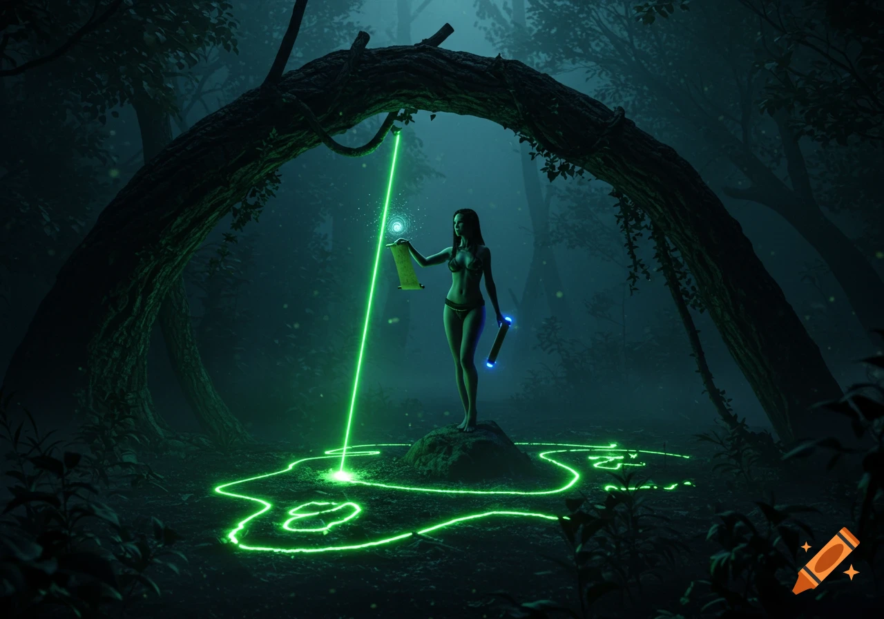 A woman in a bikini holds a glowing scroll and laser in a dark, misty forest, tracing a glowing path on the ground.