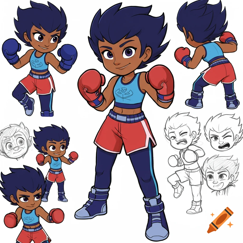 Cartoon model sheet of a dark-skinned female boxer in blue crop top, red shorts, blue leggings, and boxing gloves, shown in multiple poses and expressions.