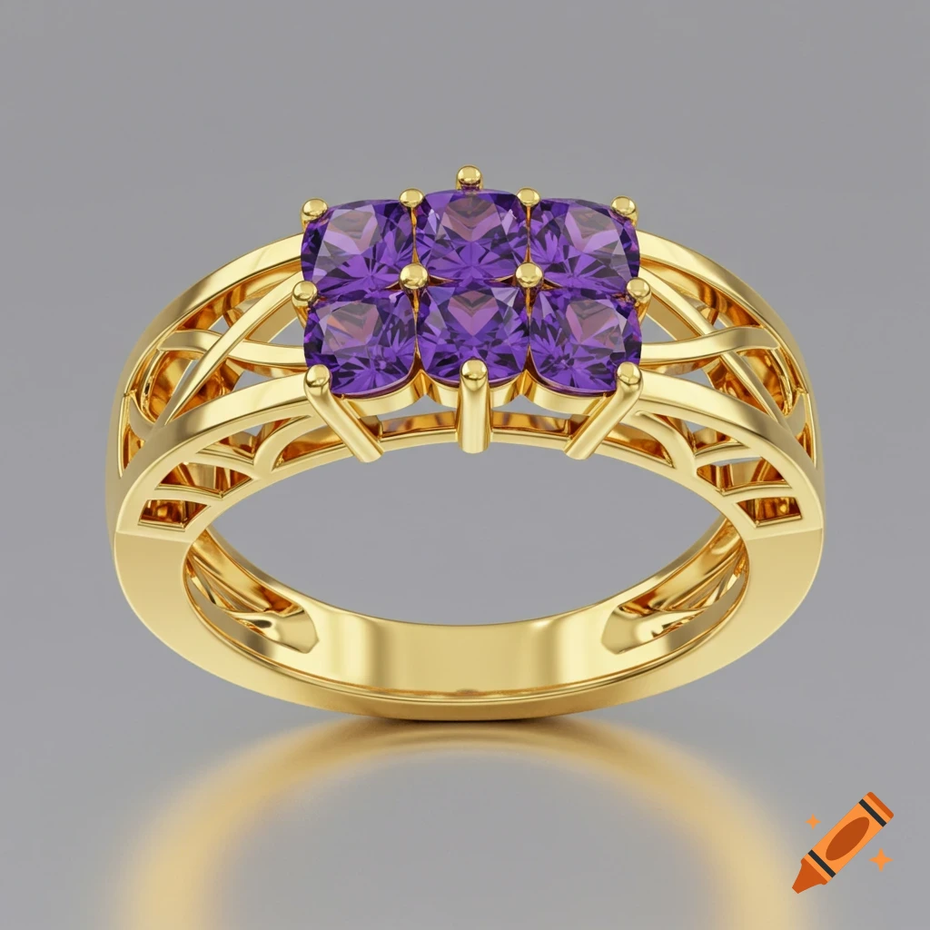 A gold ring featuring a cluster of six square-cut purple gemstones in a prong setting, with an openwork band design.