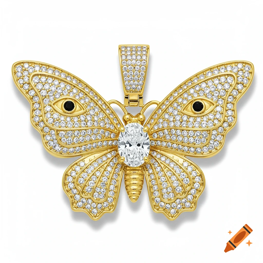 A yellow gold butterfly pendant adorned with pave-set diamonds and a large oval diamond body, featuring black and gold eyespots.