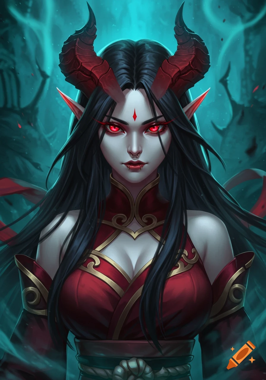 An anime-style female demon with red horns, long black hair, red slitted eyes, white skin, pointed ears, a nose ring, and a red and gold dress.