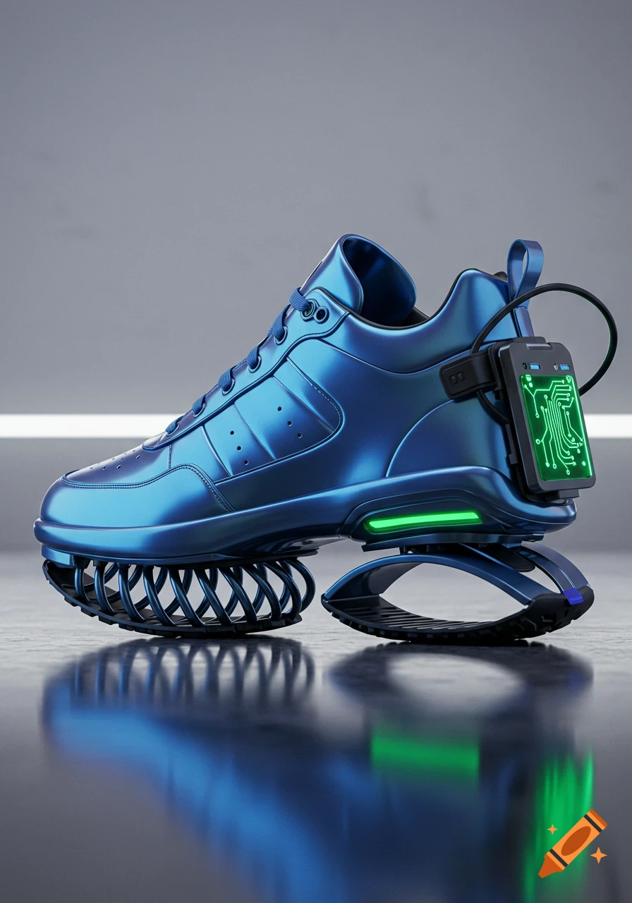 Photorealistic metallic blue futuristic sneaker with springs on the sole and a glowing device attached to the back.