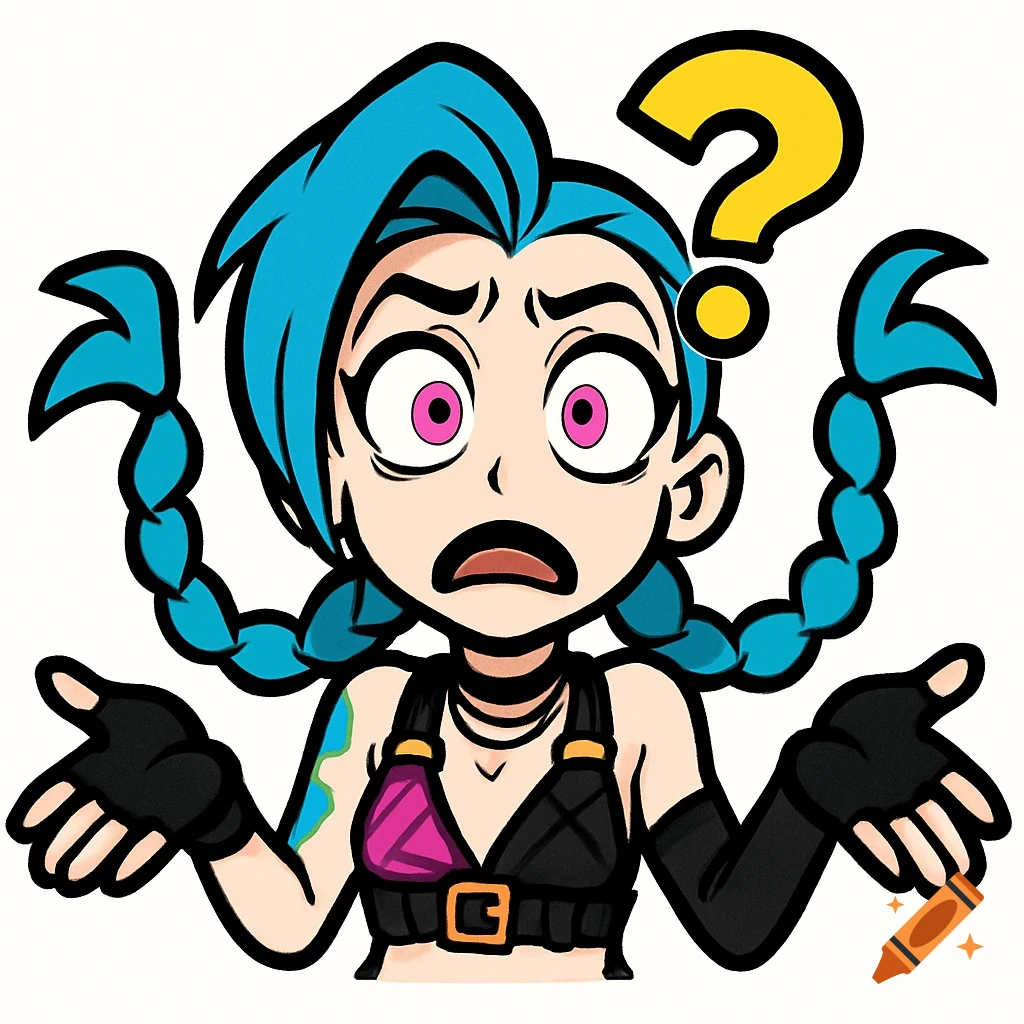 Cartoon Jinx from League of Legends looks confused with wide eyes and open hands, a yellow question mark above her head.