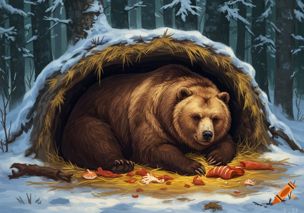 Illustrated brown bear resting in a hay-lined den in a snowy forest, with raw meat scattered in front.