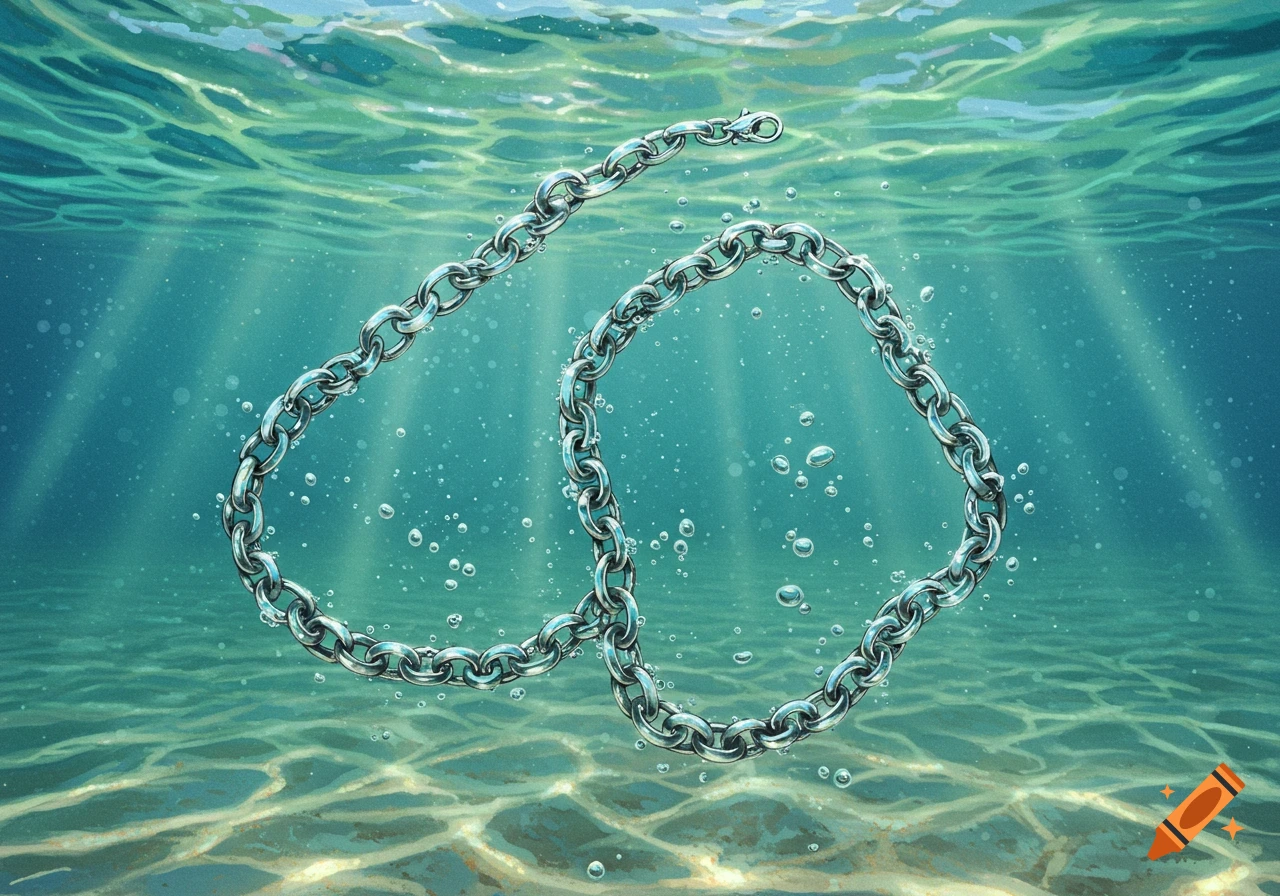 A silver chain necklace floats gracefully in clear, turquoise-blue water, surrounded by bubbles and sun rays from above.