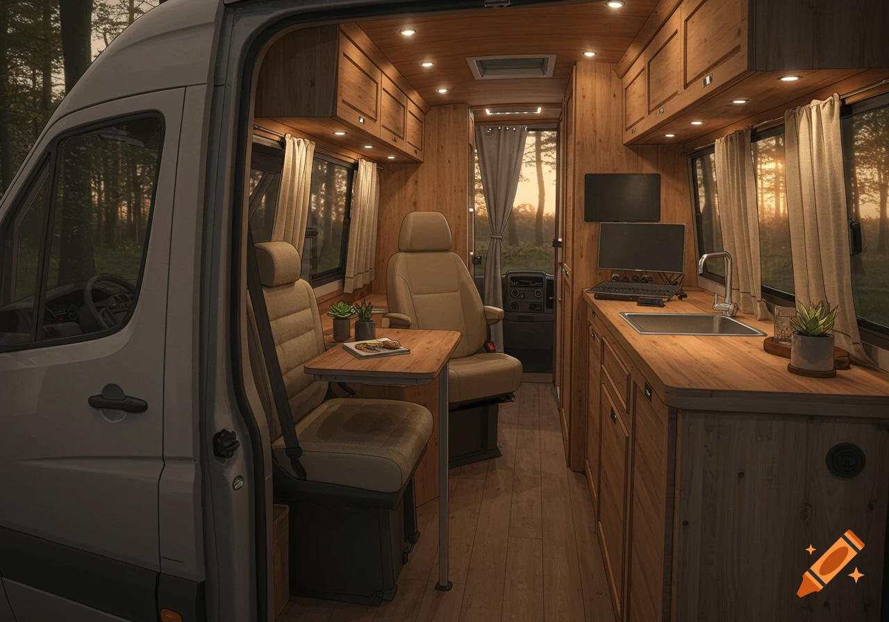 Interior of a custom white Sprinter van with wooden walls, fabric seating, a kitchen counter, and a work desk, overlooking a forest at sunset.