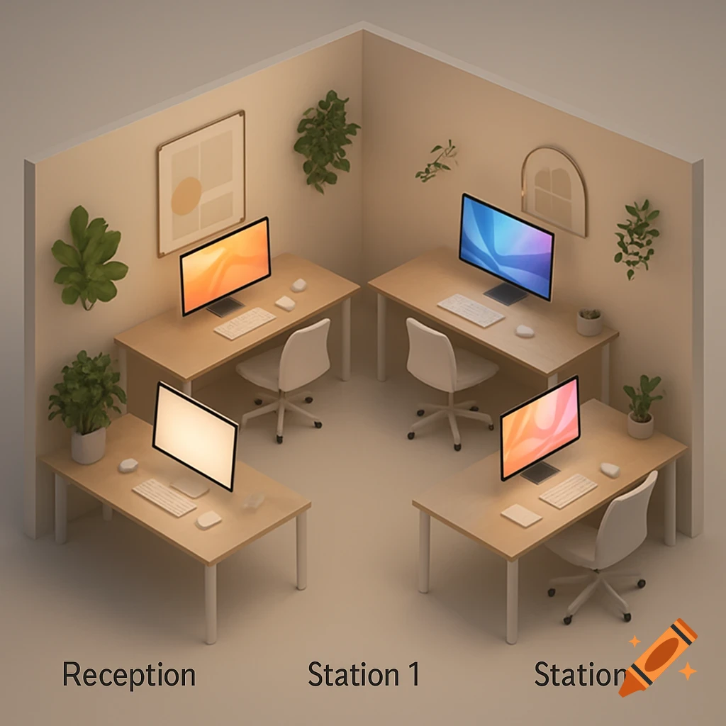 An isometric view of a minimalist office workspace with four wooden desks, white chairs, and computers arranged in a square. Plants hang on walls, and text labels 'Reception', 'Station 1', 'Station 3' appear at the bottom.