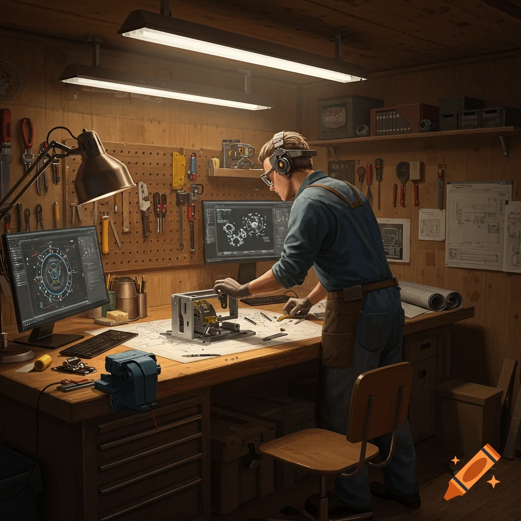 A man wearing headphones and safety glasses works on a mechanical device at a workbench in a well-lit workshop with tools on a pegboard and computer monitors displaying engineering diagrams.
