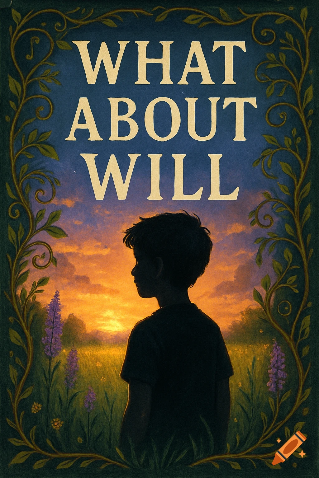 Stylized illustration of a boy's silhouette facing a sunset over a field, framed by a leafy border, with the title 'WHAT ABOUT WILL'.