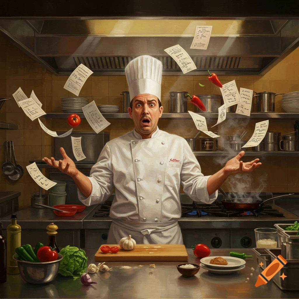 A wide-eyed, stressed male chef in a white uniform stands in a busy kitchen with recipes and peppers flying around him, cooking on a stove.