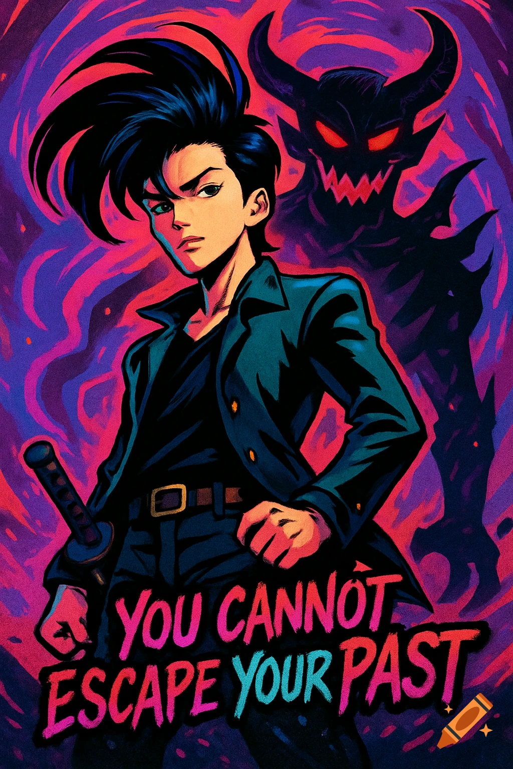 An anime-style character with spiky black hair and a sword, with a shadowy demon behind him. Text reads 'YOU CANNOT ESCAPE YOUR PAST'.