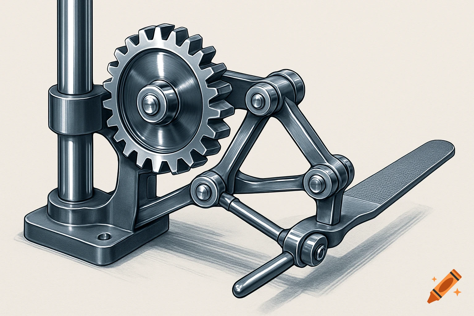 A technical illustration of a shiny metallic gear and linkage mechanism on a light background.