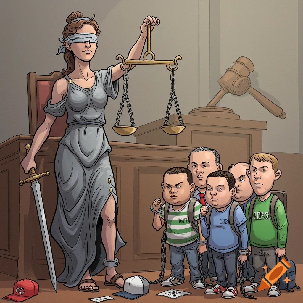 Lady Justice stands in a courtroom, holding scales and a sword, next to several young men in chains and older men, depicting a political cartoon about youth offenders.