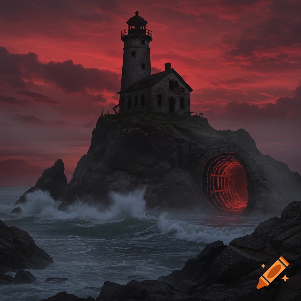 An old, abandoned lighthouse on a rocky island under a dark red sky. Waves crash around the island, revealing a glowing red mine entrance.