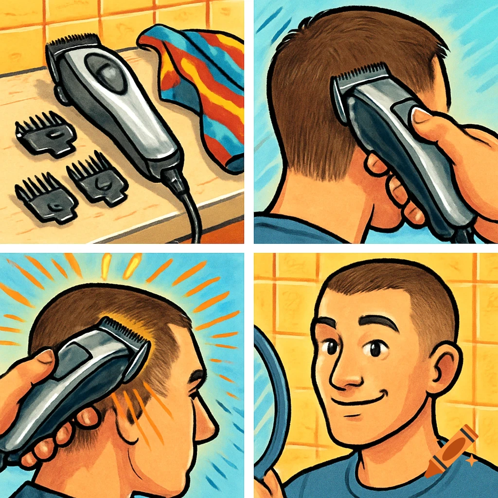 Four-panel cartoon tutorial showing a man getting a buzz cut with clippers.