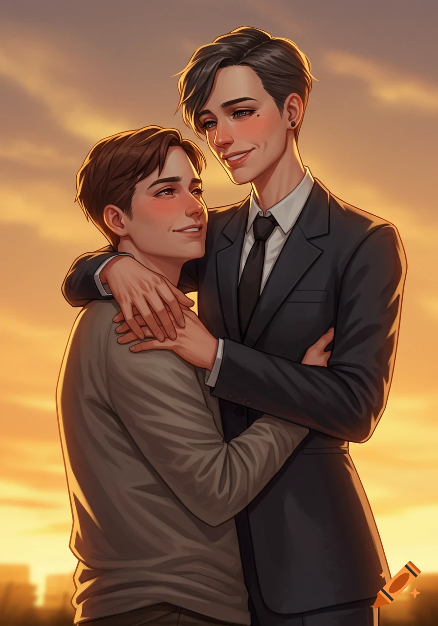 Digital illustration of two men embracing at sunset. One man in a suit smiles at the other, who blushes while looking up at him.