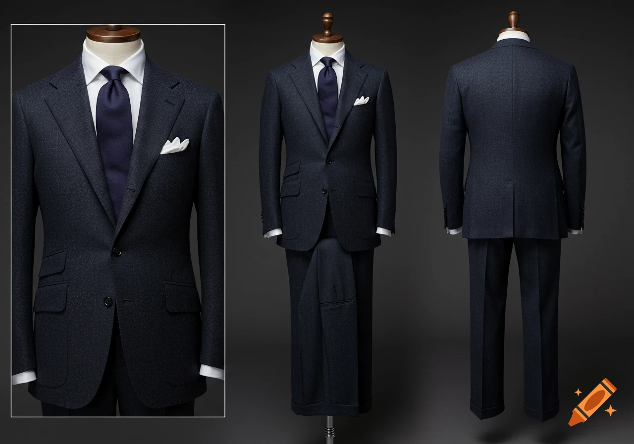 Ultra-realistic studio composite of a dark navy chalk-stripe wool suit on a mannequin, shown from front, back, and a close-up.