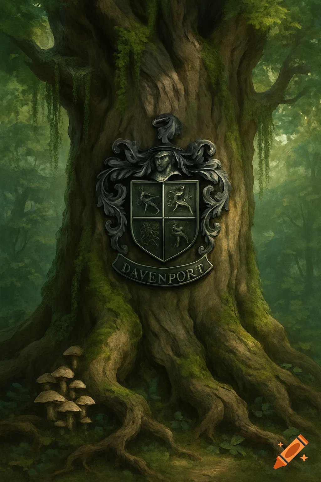 A detailed painting of a moss-covered old tree with thick roots and mushrooms, featuring an ornate dark metal 'Davenport' family crest on its trunk.