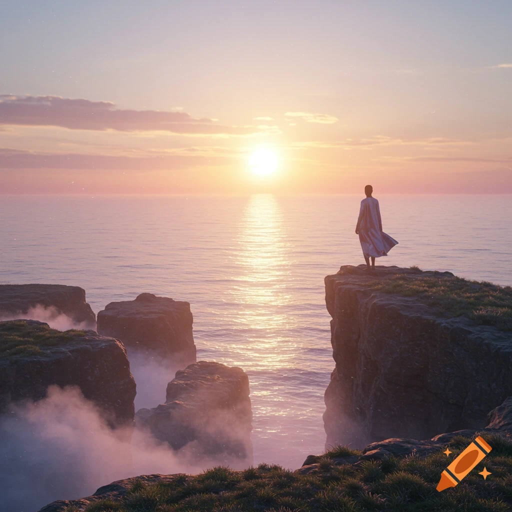 A person in a flowing robe stands on a cliff edge, gazing at a serene ocean sunset with misty rocks below.