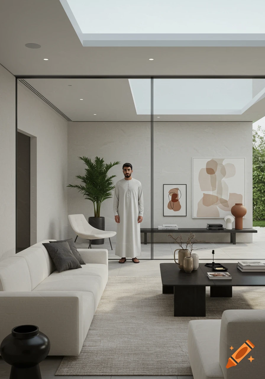 A man in a white thobe stands in a spacious, modern, minimalist living room with large windows.