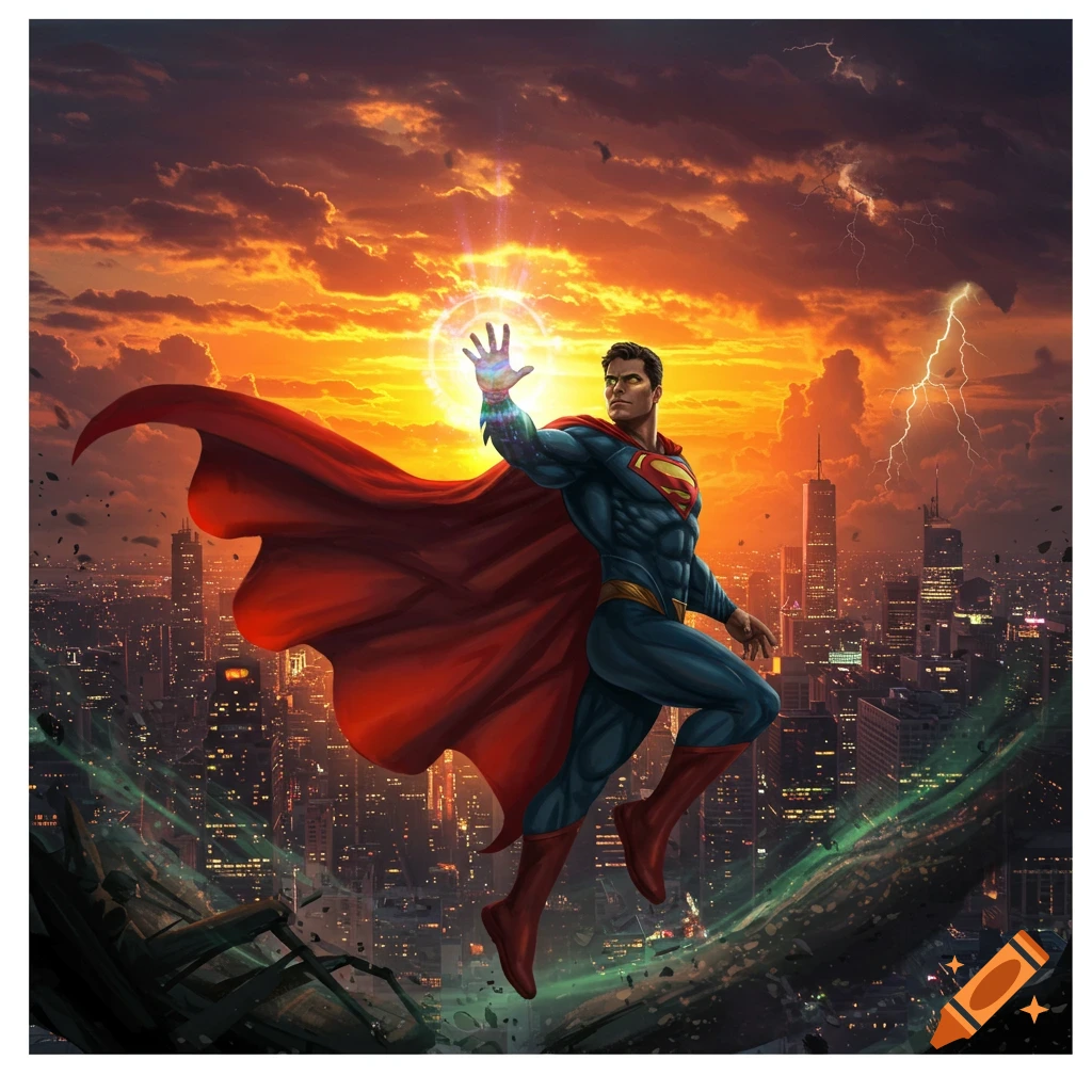 Superman flies heroically over a city at sunset with a glowing hand, amidst lightning and destruction. Digital art.