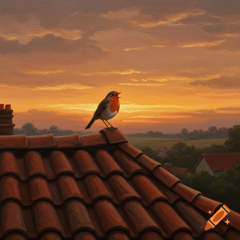 A painting of a robin singing on a tiled roof at sunset, with a village and fields in the background.