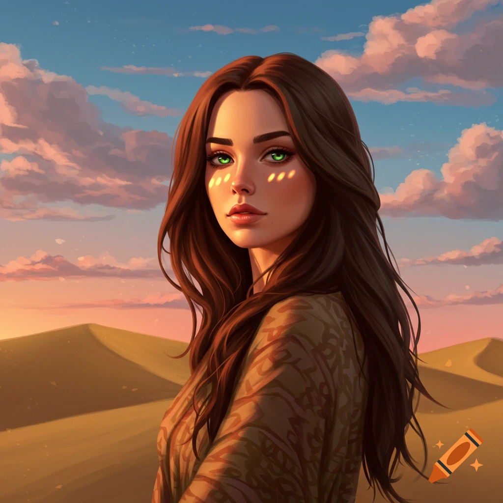 Stylized portrait of a woman with long brown hair and green eyes, illuminated by sunset in a desert landscape.