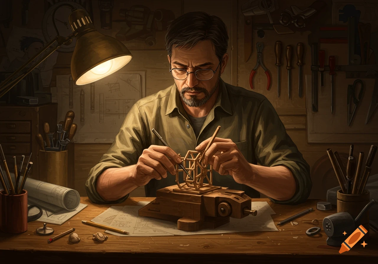 A bearded man in glasses meticulously works on a wooden model at a desk in a dimly lit workshop with tools.