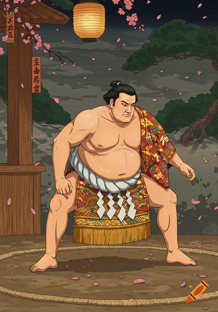 A sumo wrestler in a colorful kesho-mawashi stands in a ring with cherry blossoms falling in an ukiyo-e art style.
