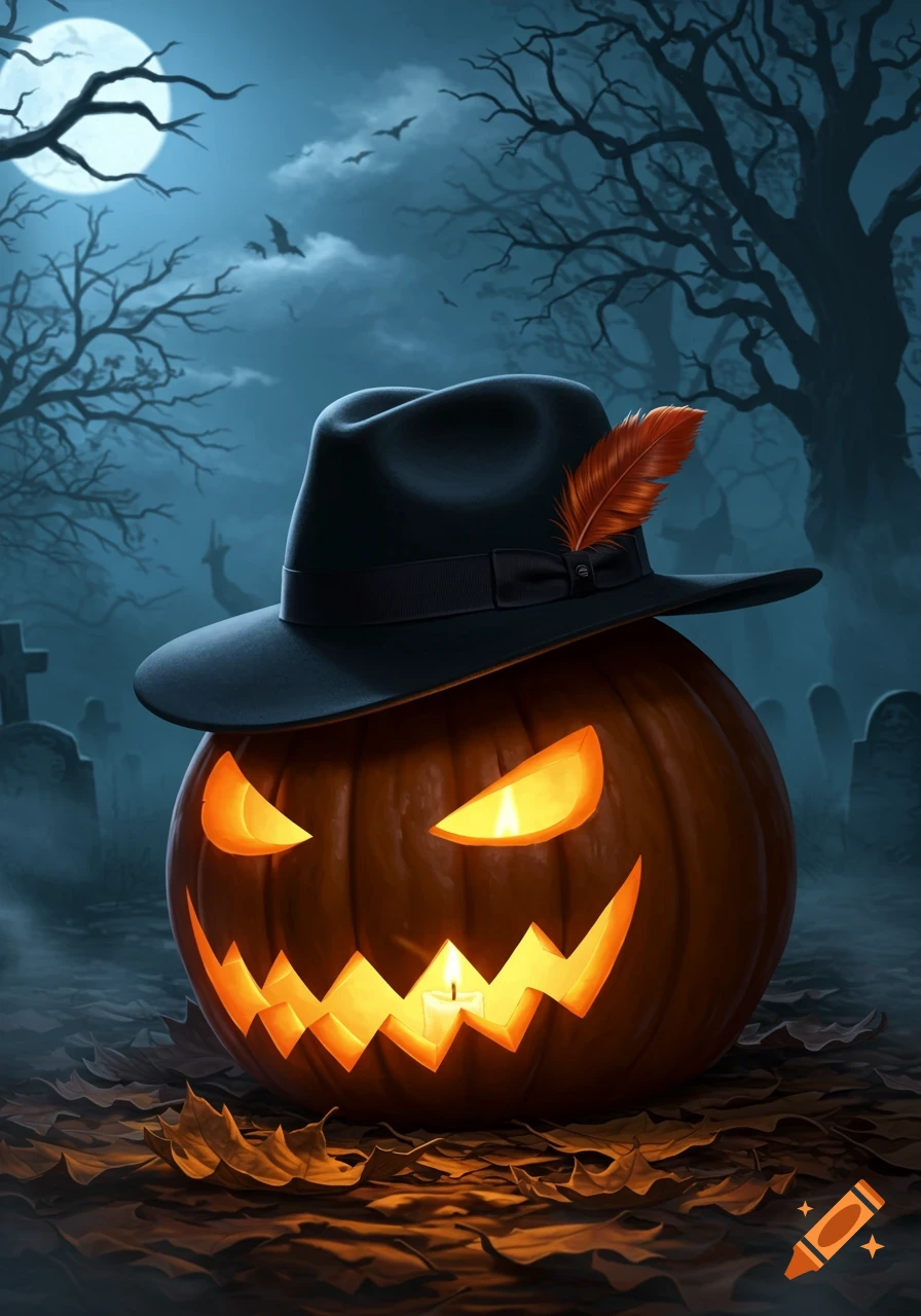 A glowing jack-o'-lantern wearing a black fedora with an orange feather sits amidst autumn leaves in a spooky graveyard under a full moon.