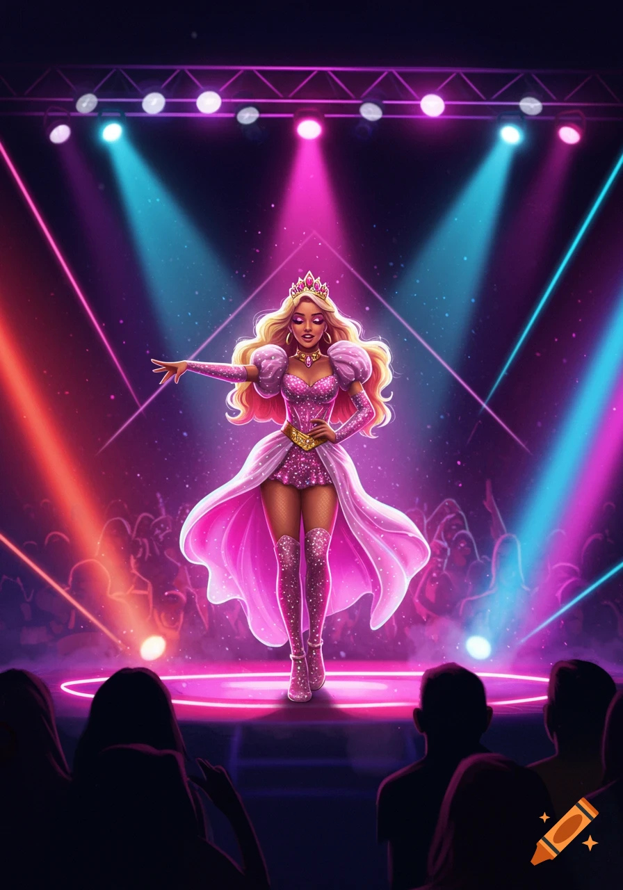 A vibrant illustration of a glamorous blonde popstar in a sparkling pink outfit and crown, performing on a stage under bright pink and blue spotlights to a silhouetted audience.